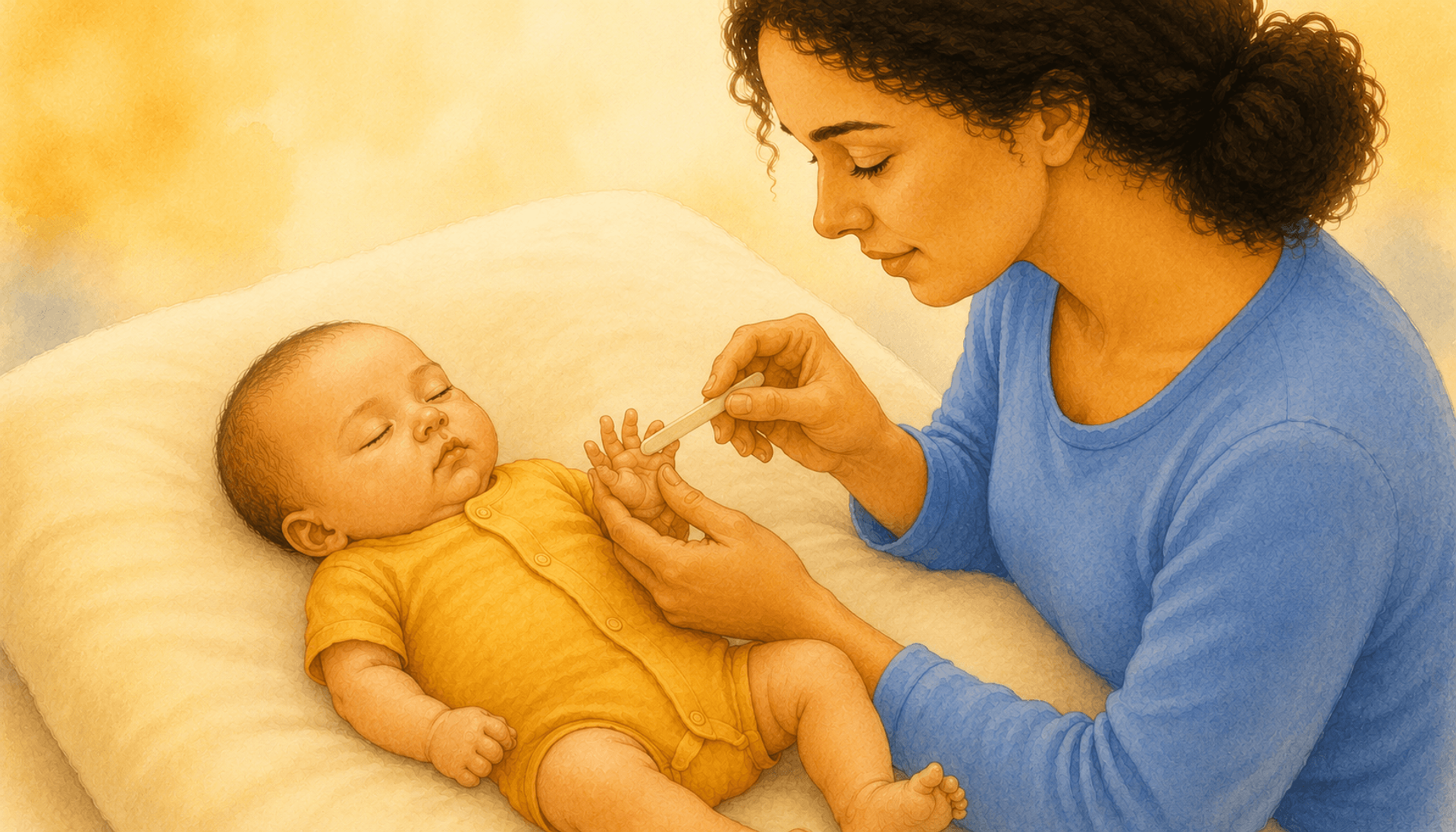 Mother carefully filing her sleeping newborn's fingernail with an emery board — safe nail care technique for newborns