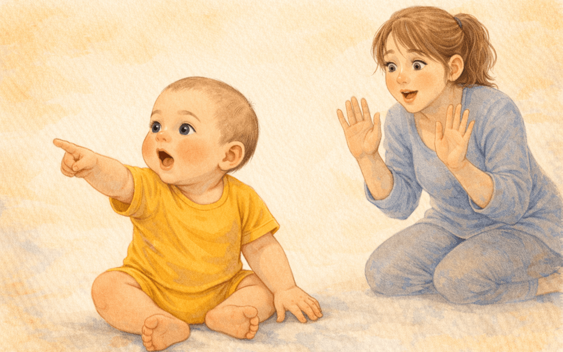 Watercolor illustration of baby pointing and making a sound while parent reacts with surprised delight