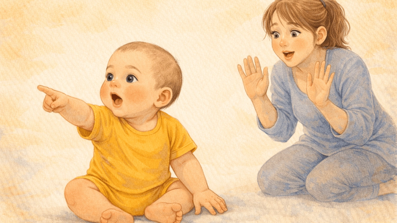 Watercolor illustration of baby pointing and making a sound while parent reacts with surprised delight
