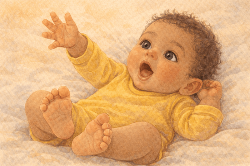 Five month old baby babbling with mouth open and arm raised — babbling chains are the foundation of language development