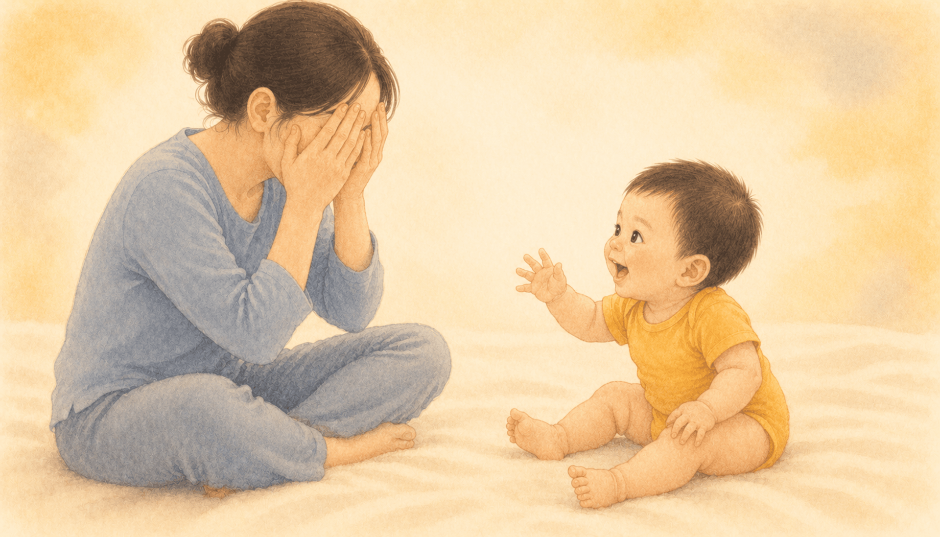 Baby leaning forward with excited expression while mother covers her face in peekaboo game — surprise-learning mechanism for object permanence baby development