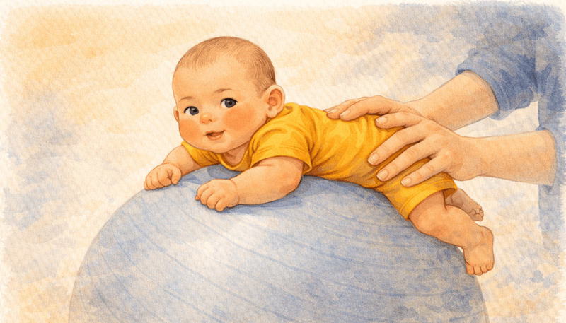 Baby doing tummy time on exercise ball with parent supporting — therapy ball tummy time position