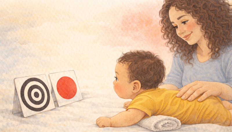 Baby looking at red high contrast card with fascination — first color vision milestone at 8-12 weeks