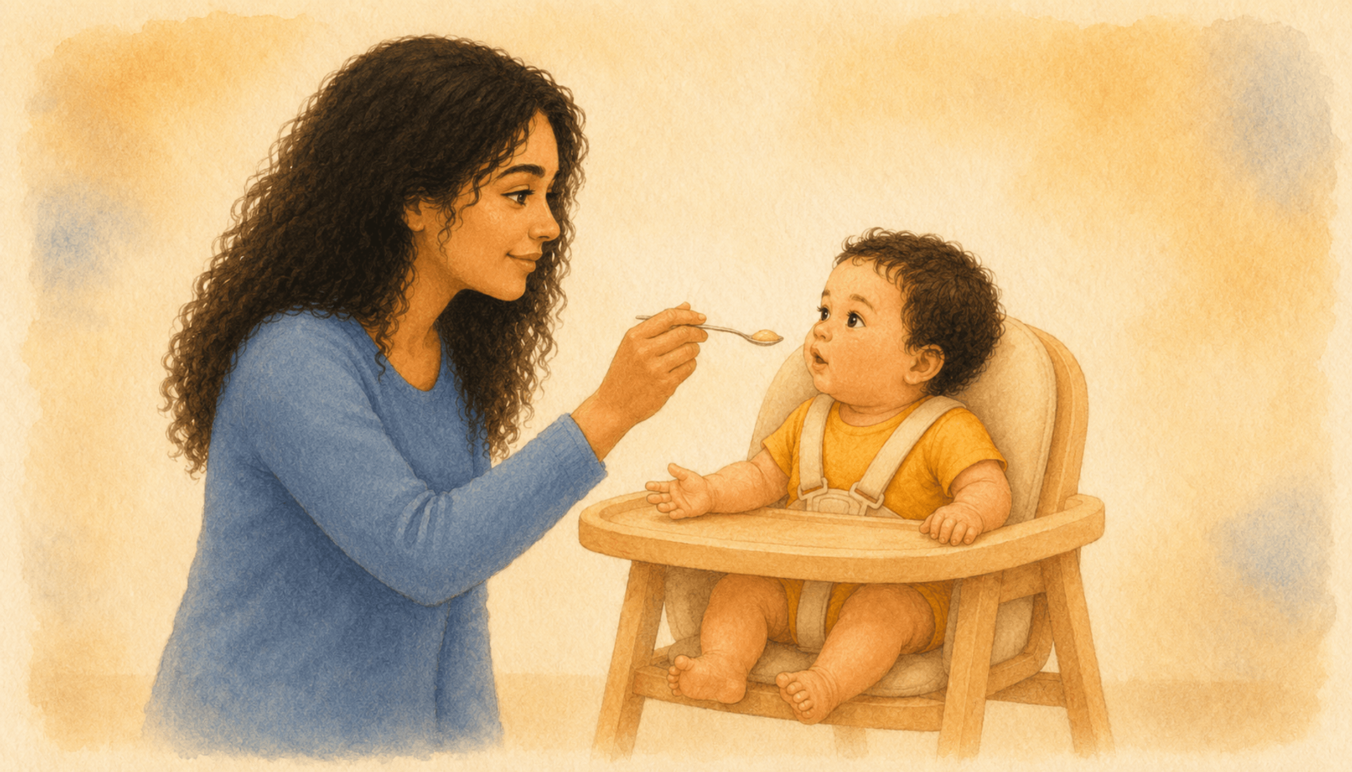 Mother offering a small baby spoon with smooth peanut butter to a 6-month-old baby in a wooden high chair — first allergen introduction at home