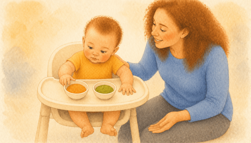 Six-month-old baby at high chair tray with two small bowls of puree — orange lentil and green broccoli — first foods for baby combining iron and vegetables