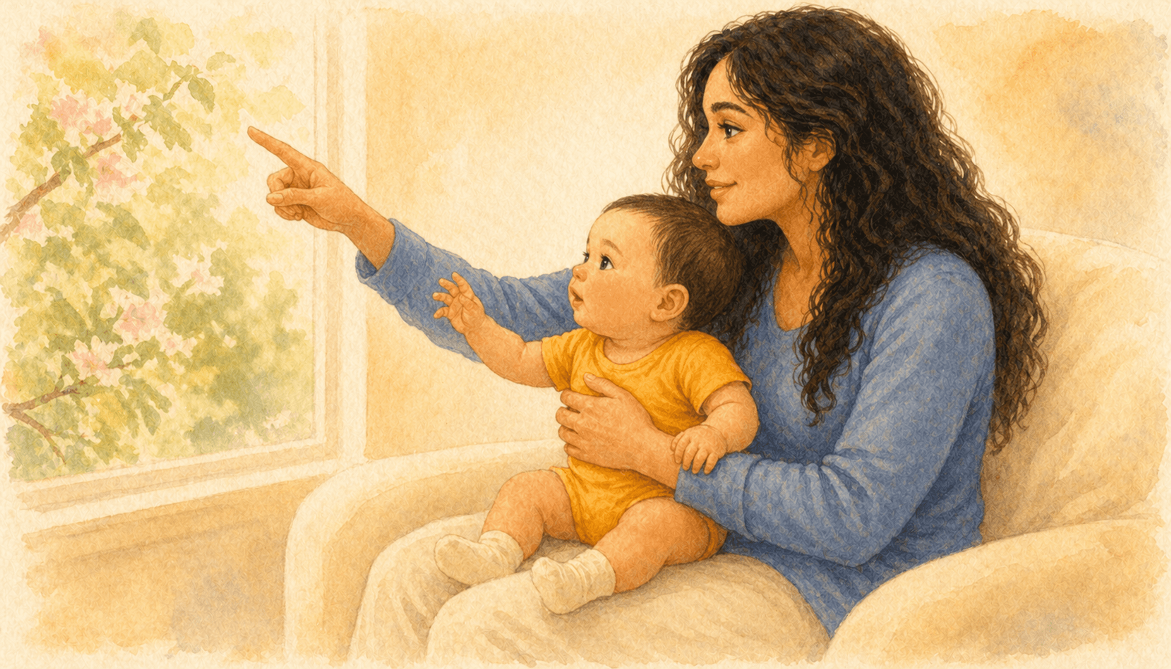 Ten-month-old baby on mother's lap looking through a window at leaves — Mother's Day activities with kids at the joint-attention stage of infancy