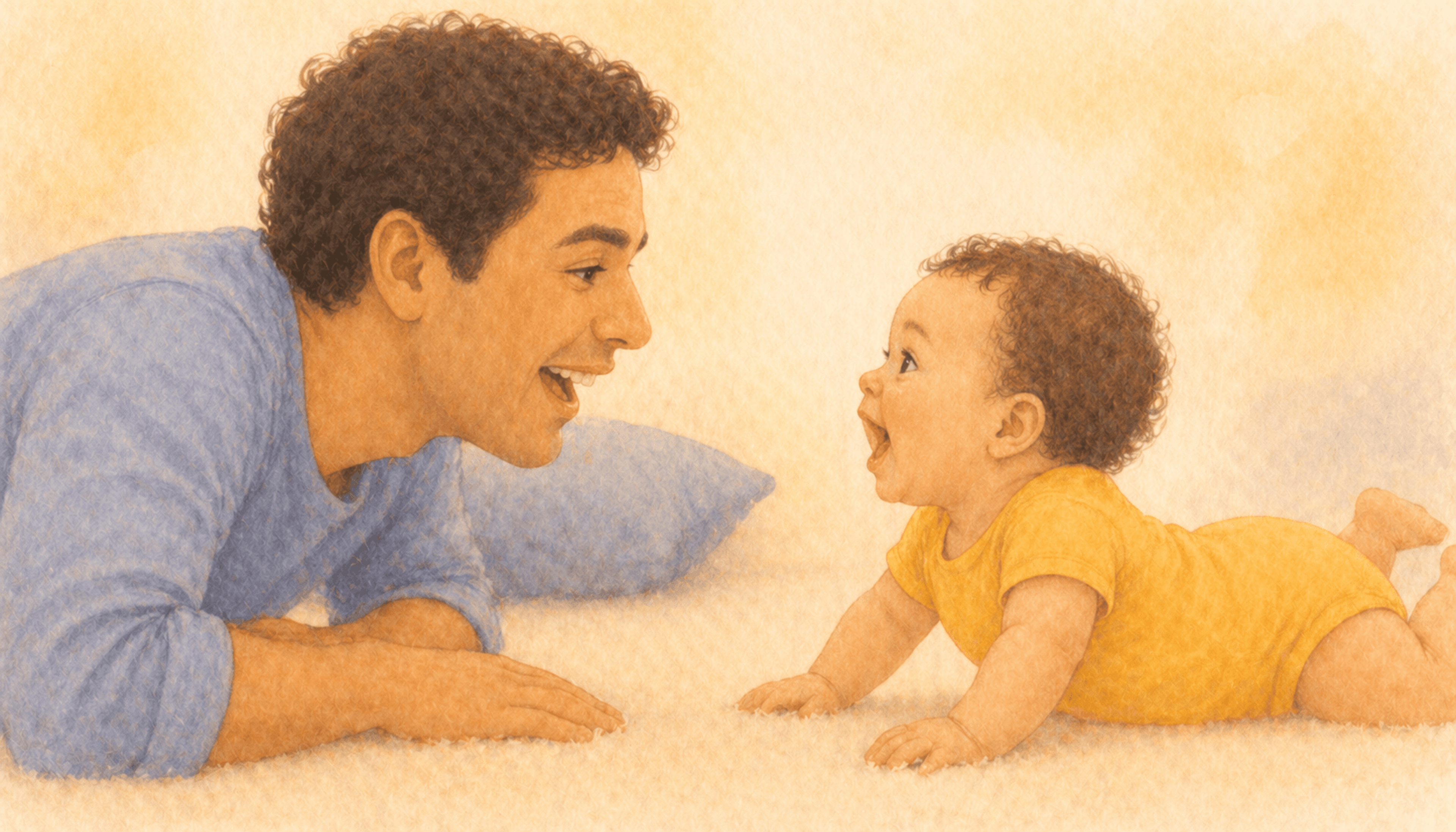 Father and six-month-old baby with olive skin lying face-to-face on the floor, baby babbling with mouth open — canonical babbling language milestone