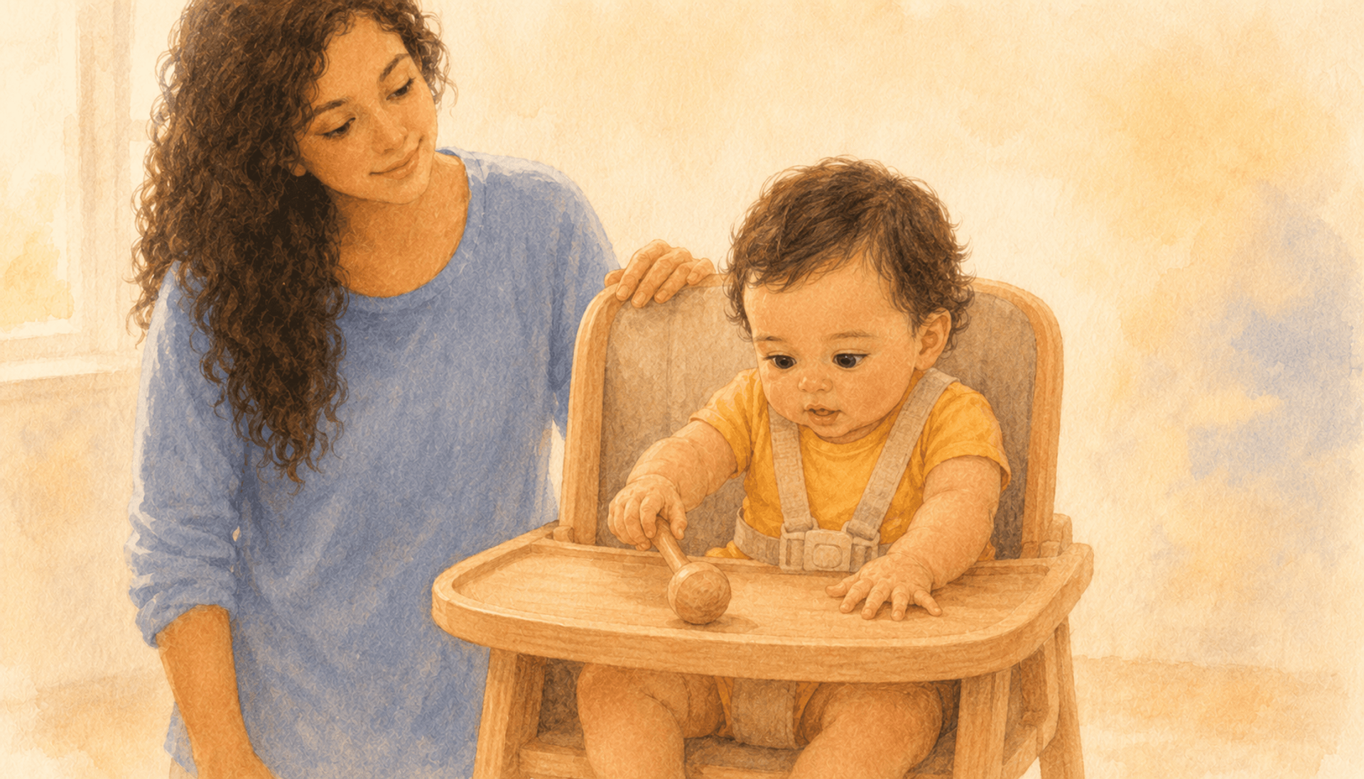 Eight-month-old baby in high chair reaching for a wooden rattle on the tray while mother watches — illustrating cause and effect baby learning through intentional object exploration