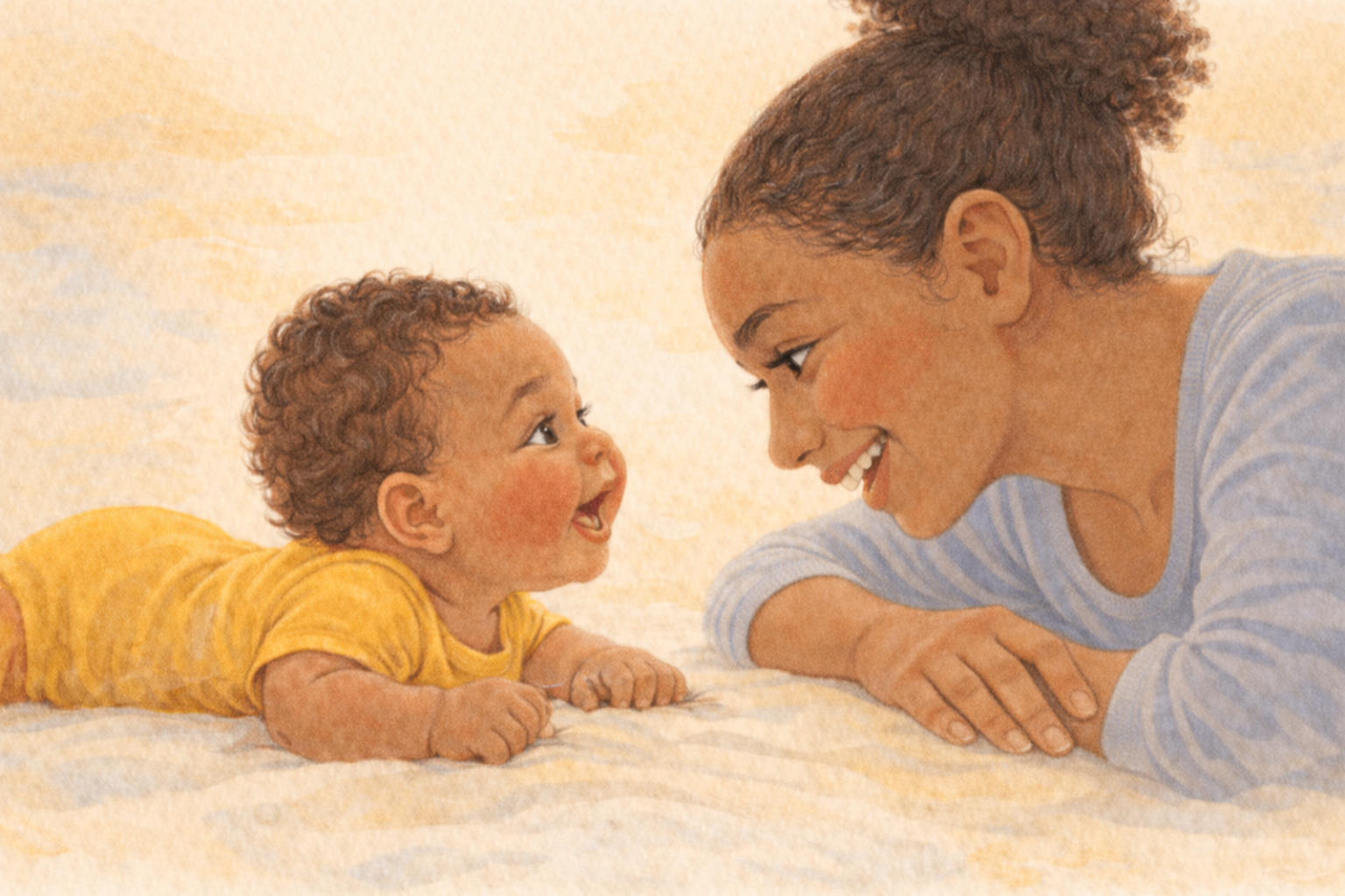 Watercolor illustration of a mother and six-month-old baby lying on their stomachs face to face on the floor, smiling at each other