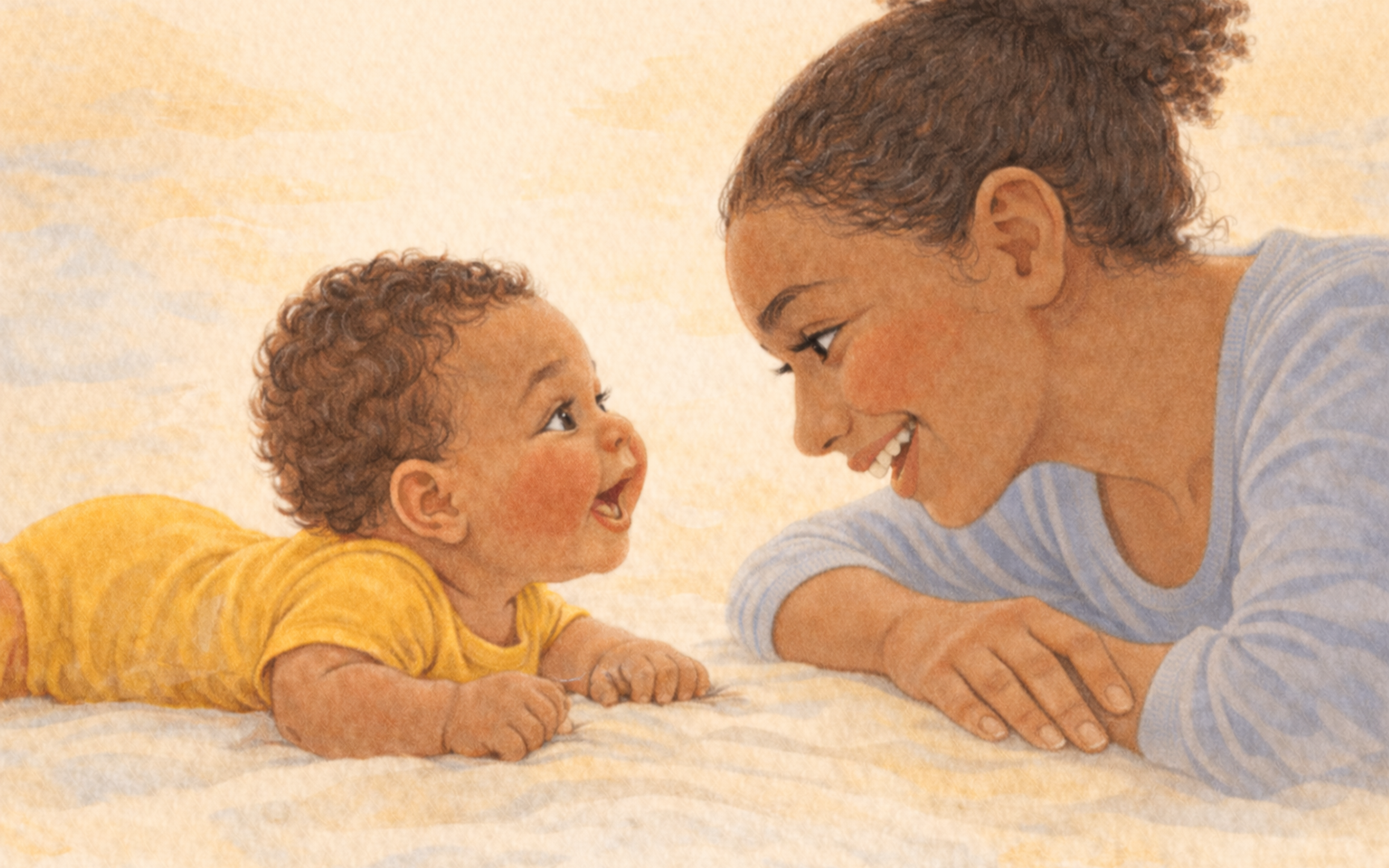 Watercolor illustration of a mother and six-month-old baby lying on their stomachs face to face on the floor, smiling at each other