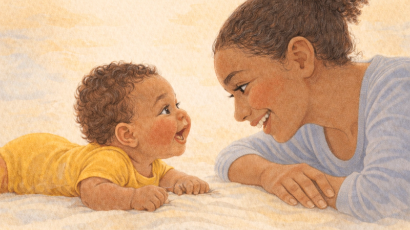 Watercolor illustration of a mother and six-month-old baby lying on their stomachs face to face on the floor, smiling at each other