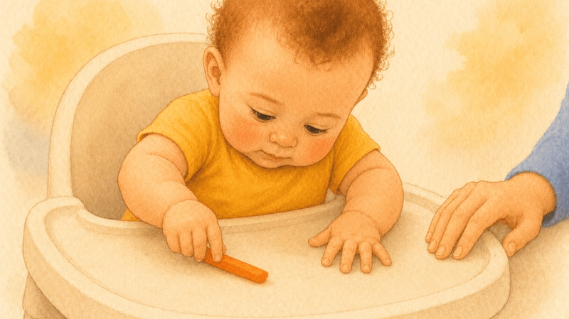 Six-month-old baby practicing pincer grasp to pick up a soft carrot strip on a high chair tray — early finger food development at 6 months