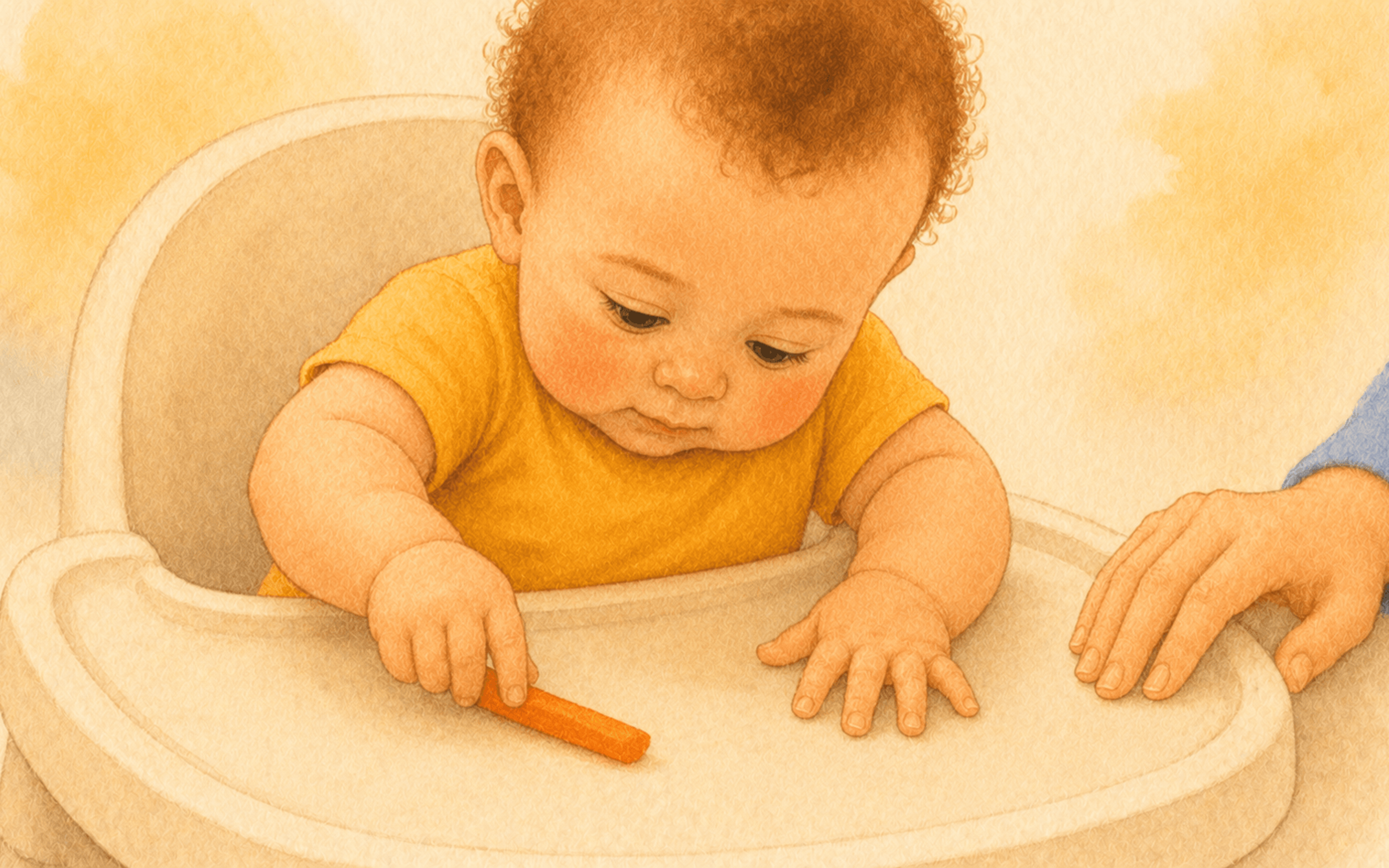 Six-month-old baby practicing pincer grasp to pick up a soft carrot strip on a high chair tray — early finger food development at 6 months
