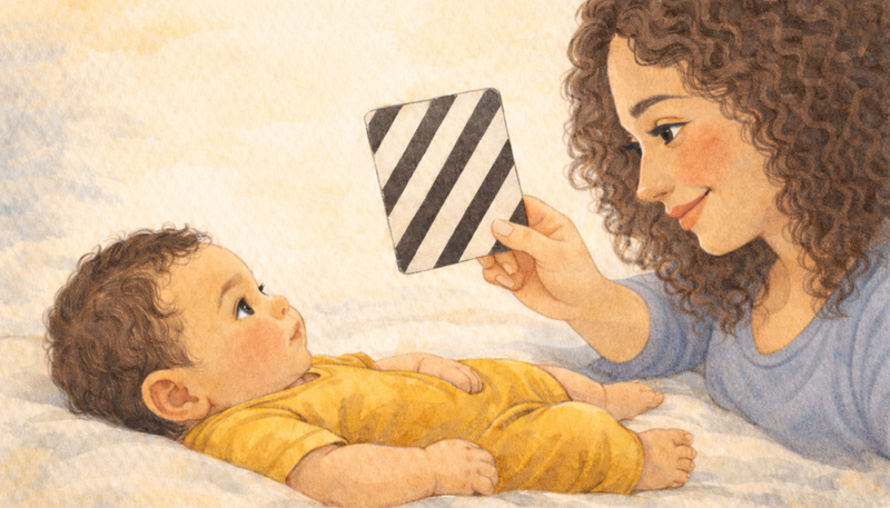Baby tracking a black and white striped card with eyes — visual tracking development weeks 3-4