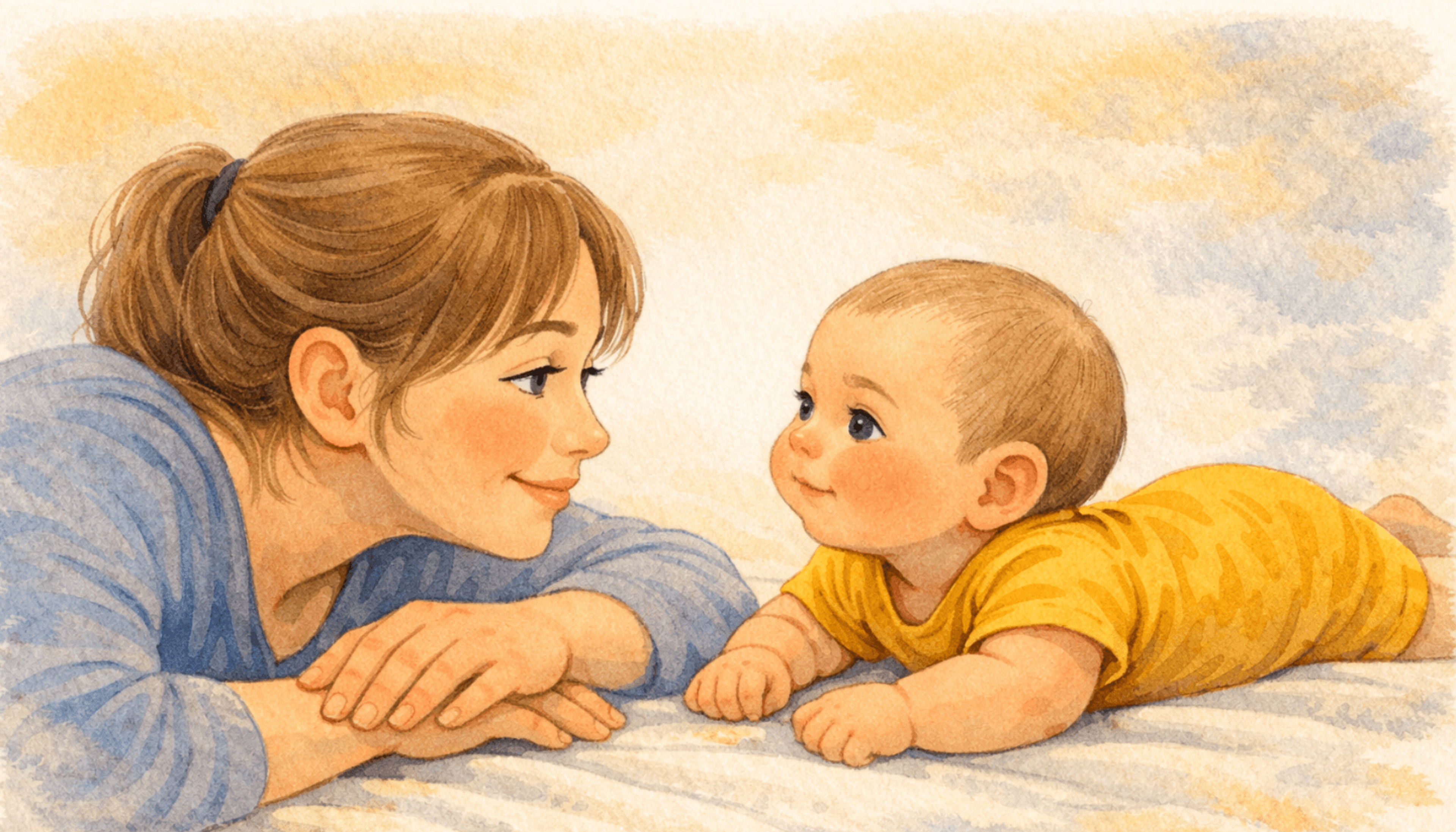 Parent lying on stomach face-to-face with baby during floor tummy time — eye-level engagement