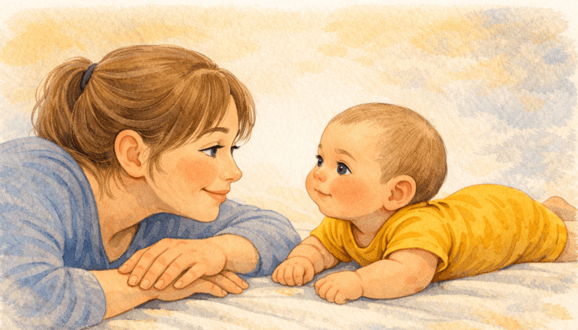 Parent lying on stomach face-to-face with baby during floor tummy time — eye-level engagement