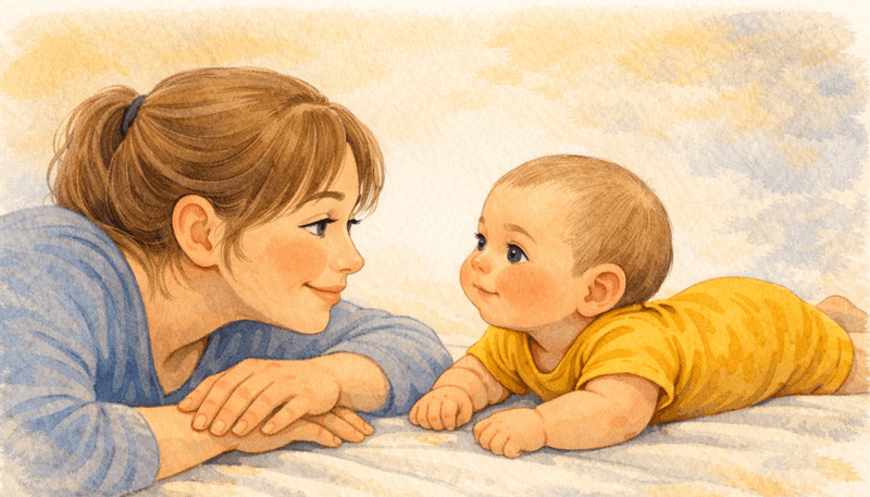 Parent lying on stomach face-to-face with baby during floor tummy time — eye-level engagement