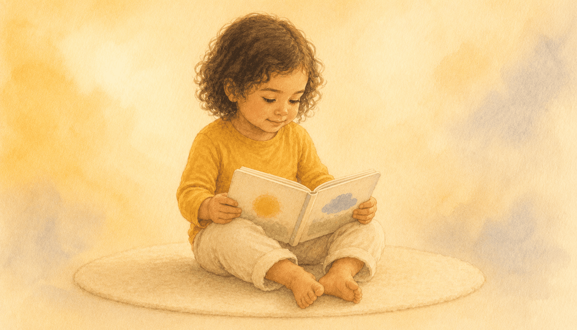 2.5-year-old toddler resting independently with board book during quiet time, watercolor illustration