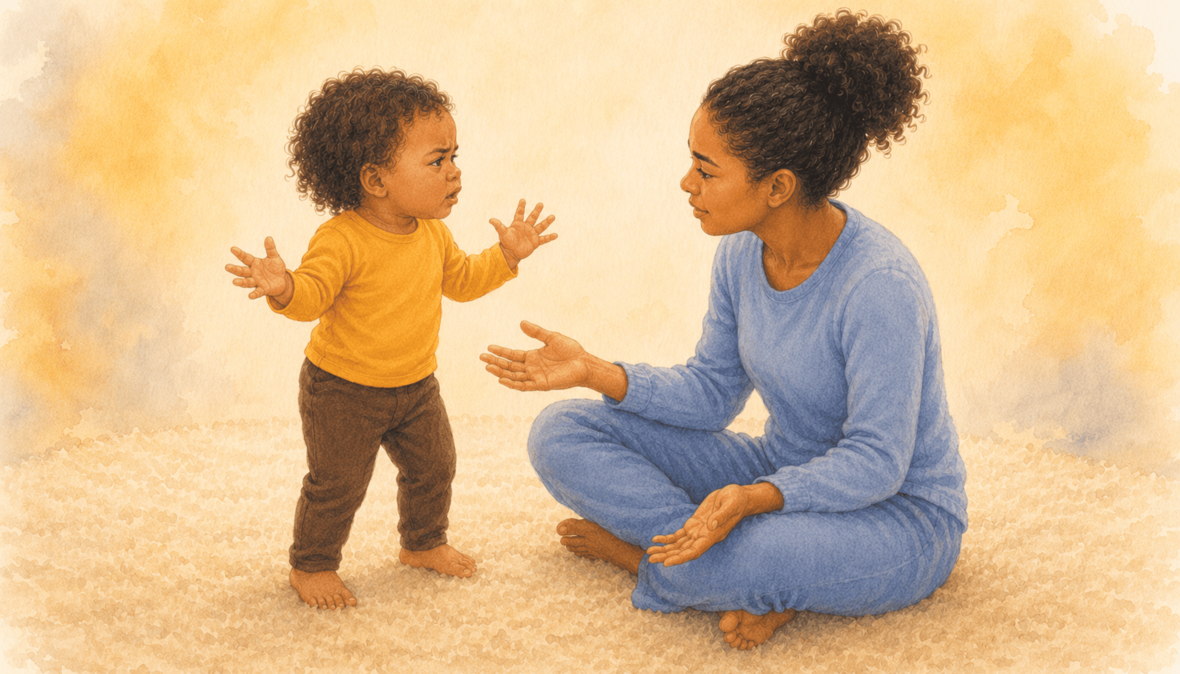 Mother sitting at toddler's eye level on living room rug while two-year-old expresses frustration with arms raised — emotion coaching and toddler discipline