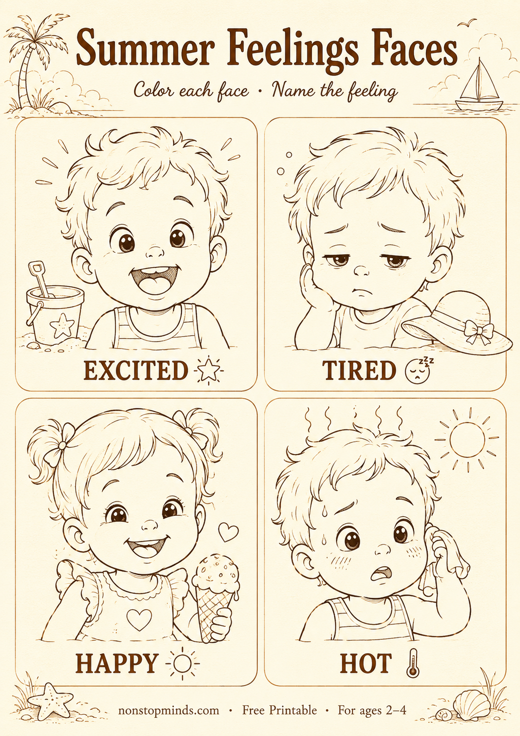 Summer Feelings Faces: Coloring Page