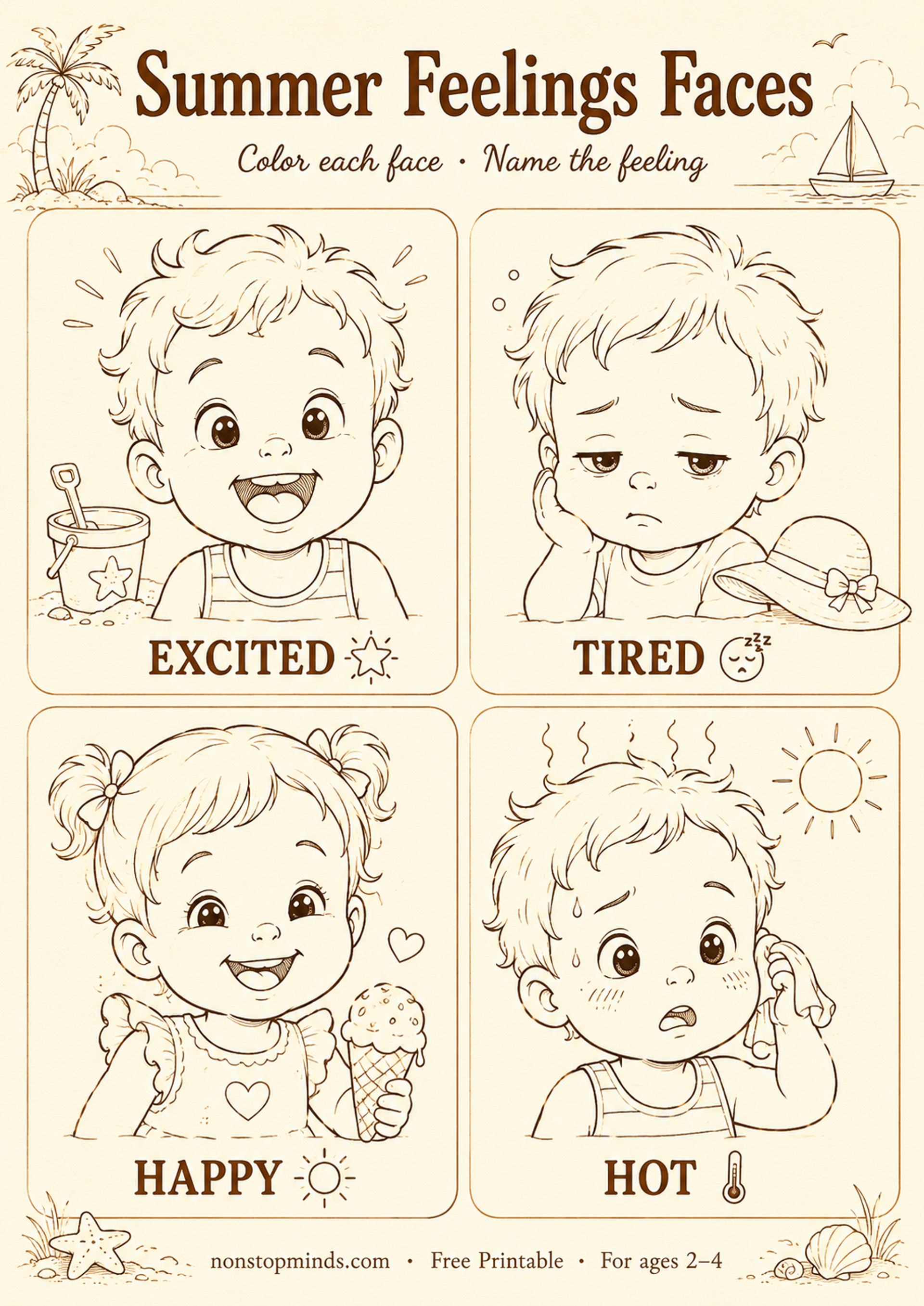 Summer Feelings Faces: Coloring Page