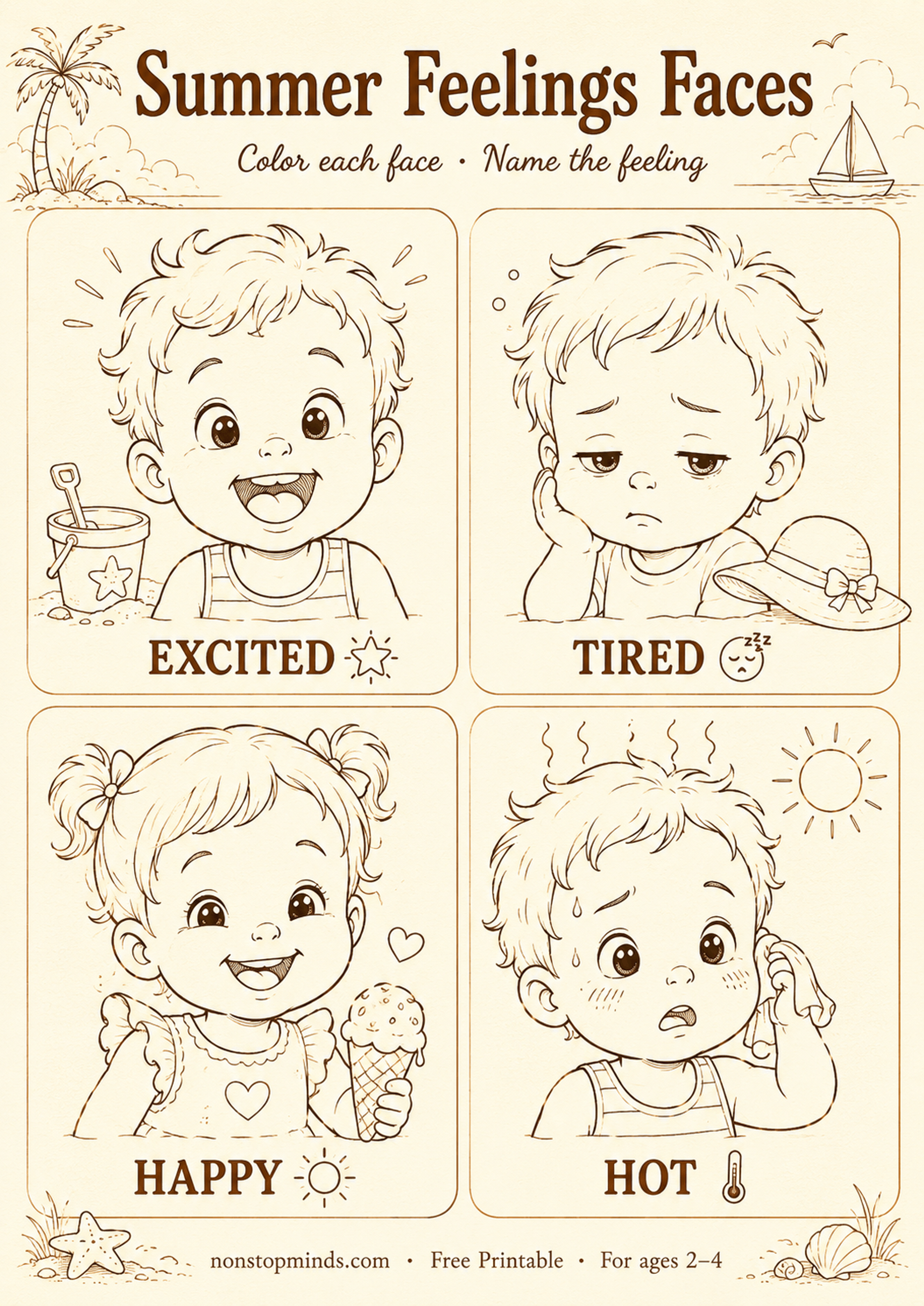 Summer Feelings Faces: Coloring Page