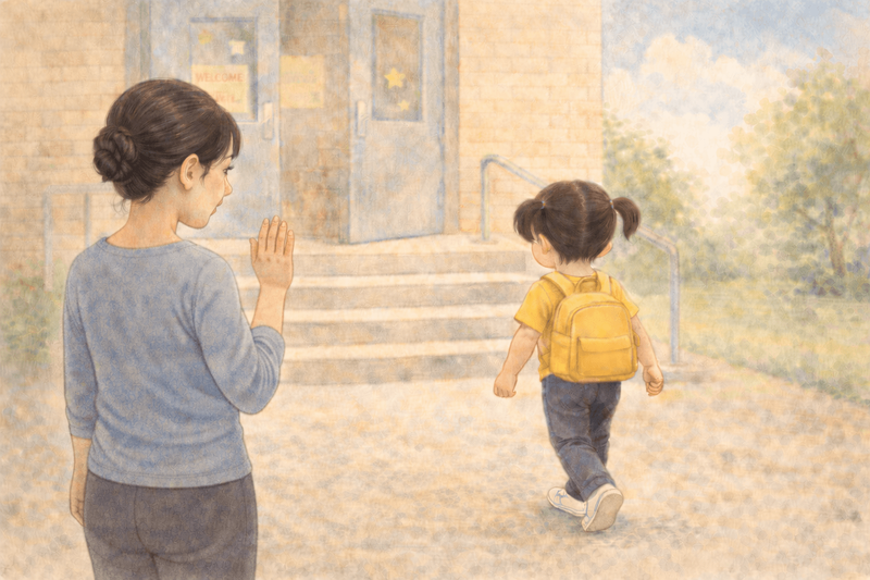 Five year old with backpack walking toward school entrance while mother watches — ready for kindergarten