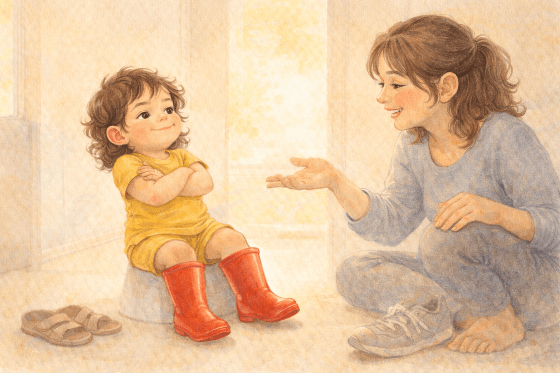 Toddler proudly wearing rain boots on a sunny day while mother smiles — toddler independence
