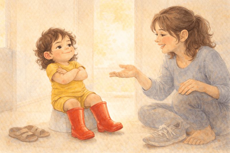 Toddler proudly wearing rain boots on a sunny day while mother smiles — toddler independence