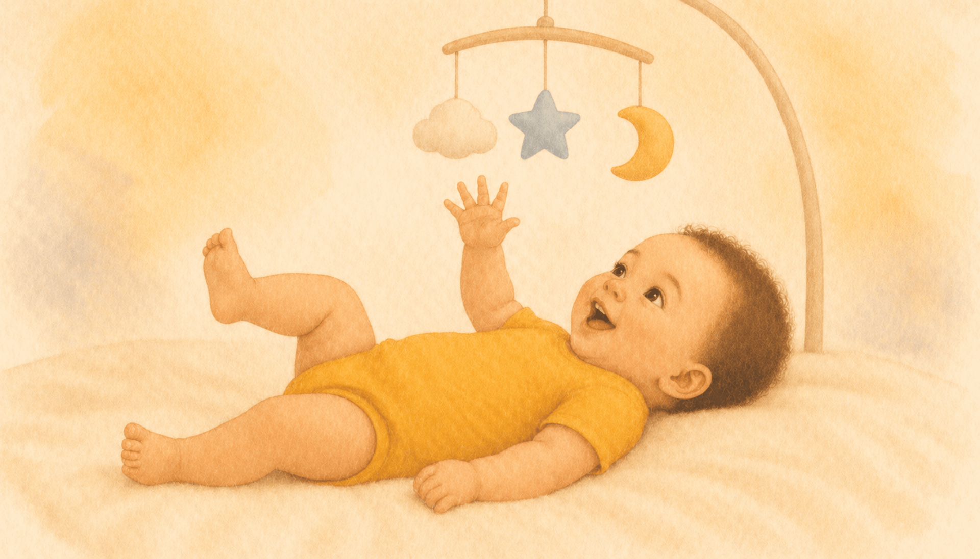 Three-month-old baby on back kicking toward a hanging mobile — early contingency detection in cause and effect baby development