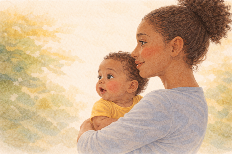 Watercolor illustration of a mother holding her baby outdoors, both looking toward warm sunlight