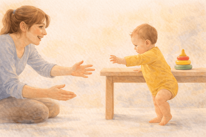 Watercolor illustration of an eleven-month-old baby cruising along a low bench toward stacking rings while mother encourages from the floor