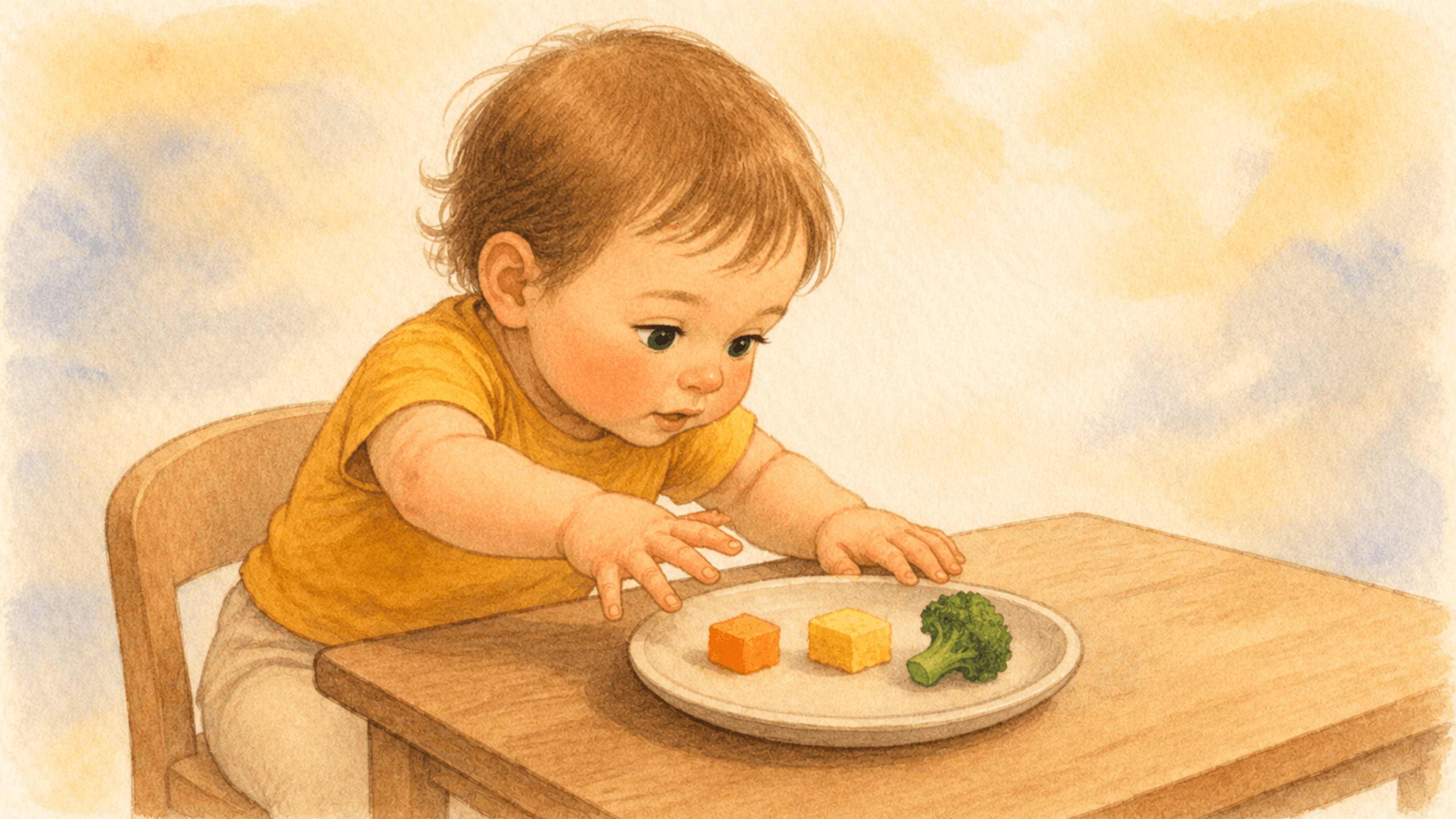Toddler reaching toward a plate of colorful soft food pieces — illustrating toddler meal ideas and self-directed food exploration at ages 1–3