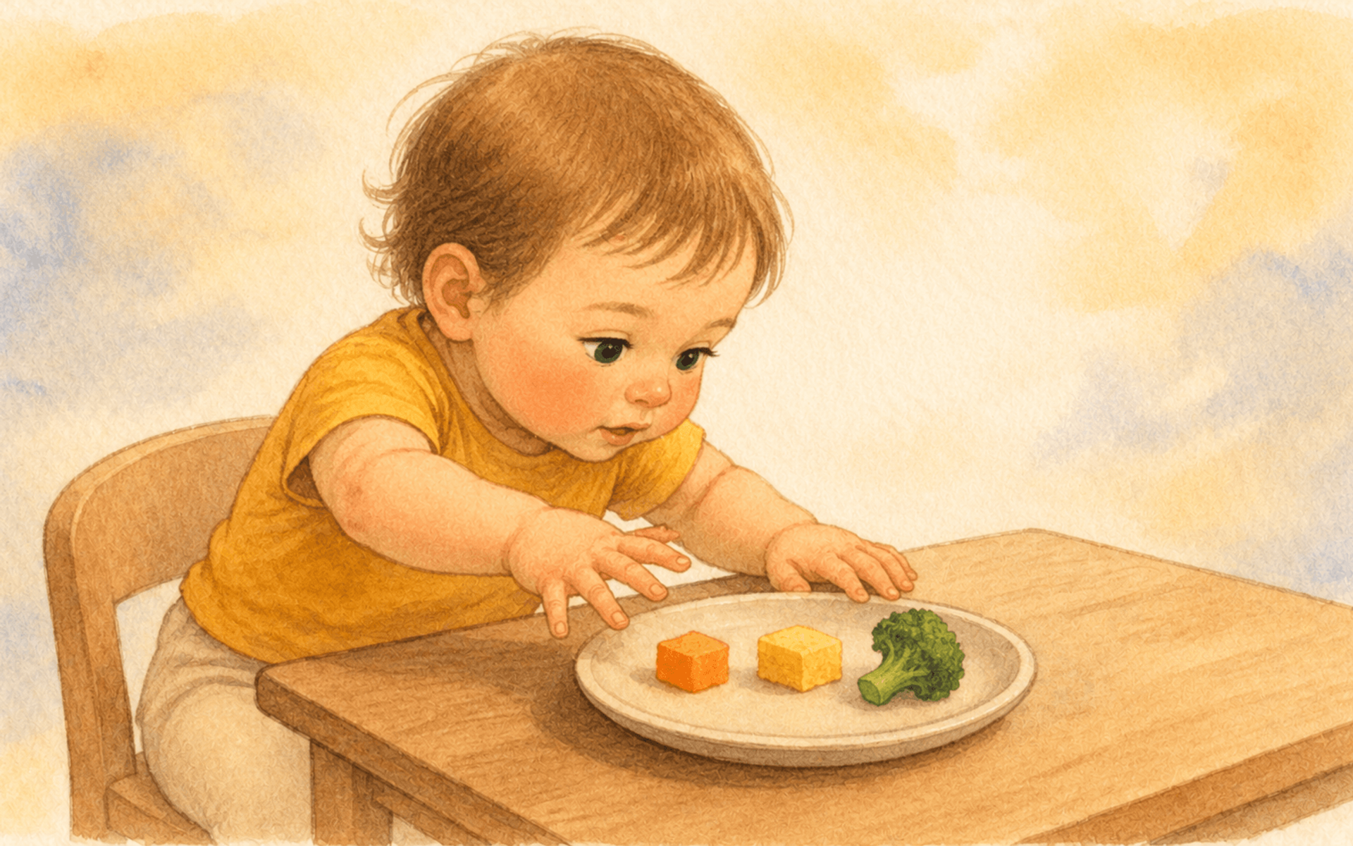 Toddler reaching toward a plate of colorful soft food pieces — illustrating toddler meal ideas and self-directed food exploration at ages 1–3