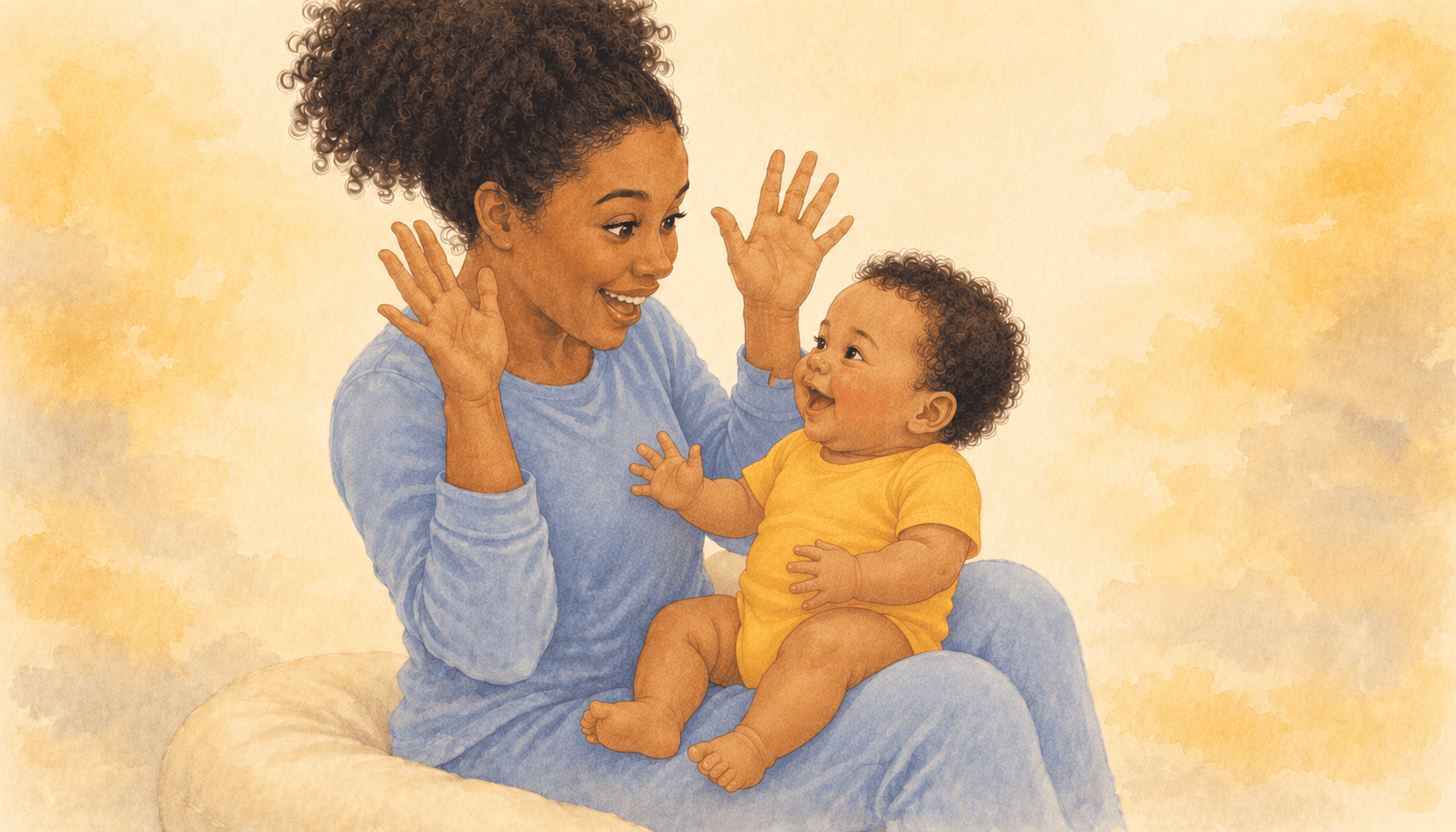 Mother revealing her face from behind her hands in peekaboo while her 5-month-old baby laughs in anticipation — social laughter development at 5 months