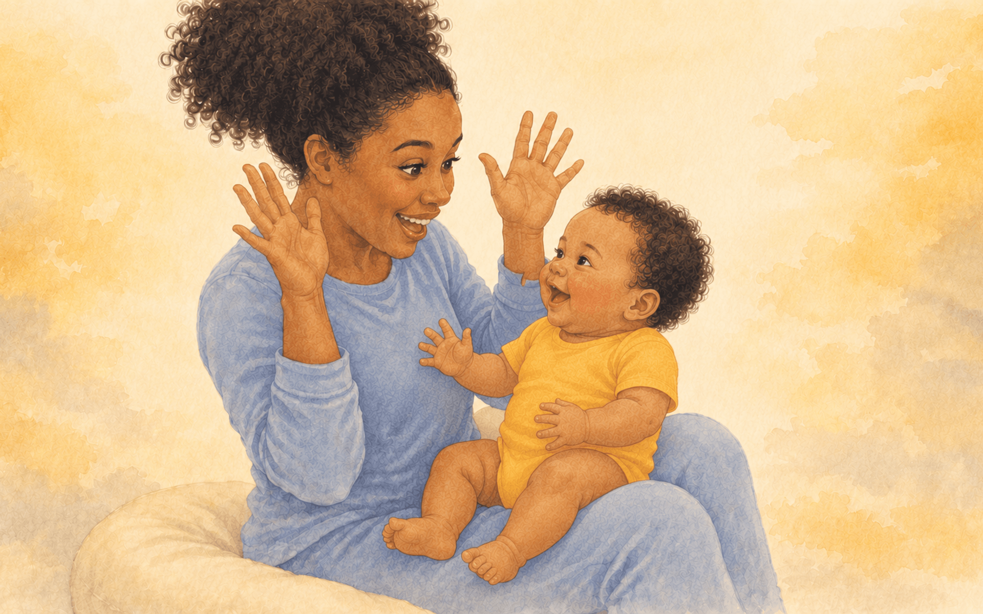 Mother revealing her face from behind her hands in peekaboo while her 5-month-old baby laughs in anticipation — social laughter development at 5 months
