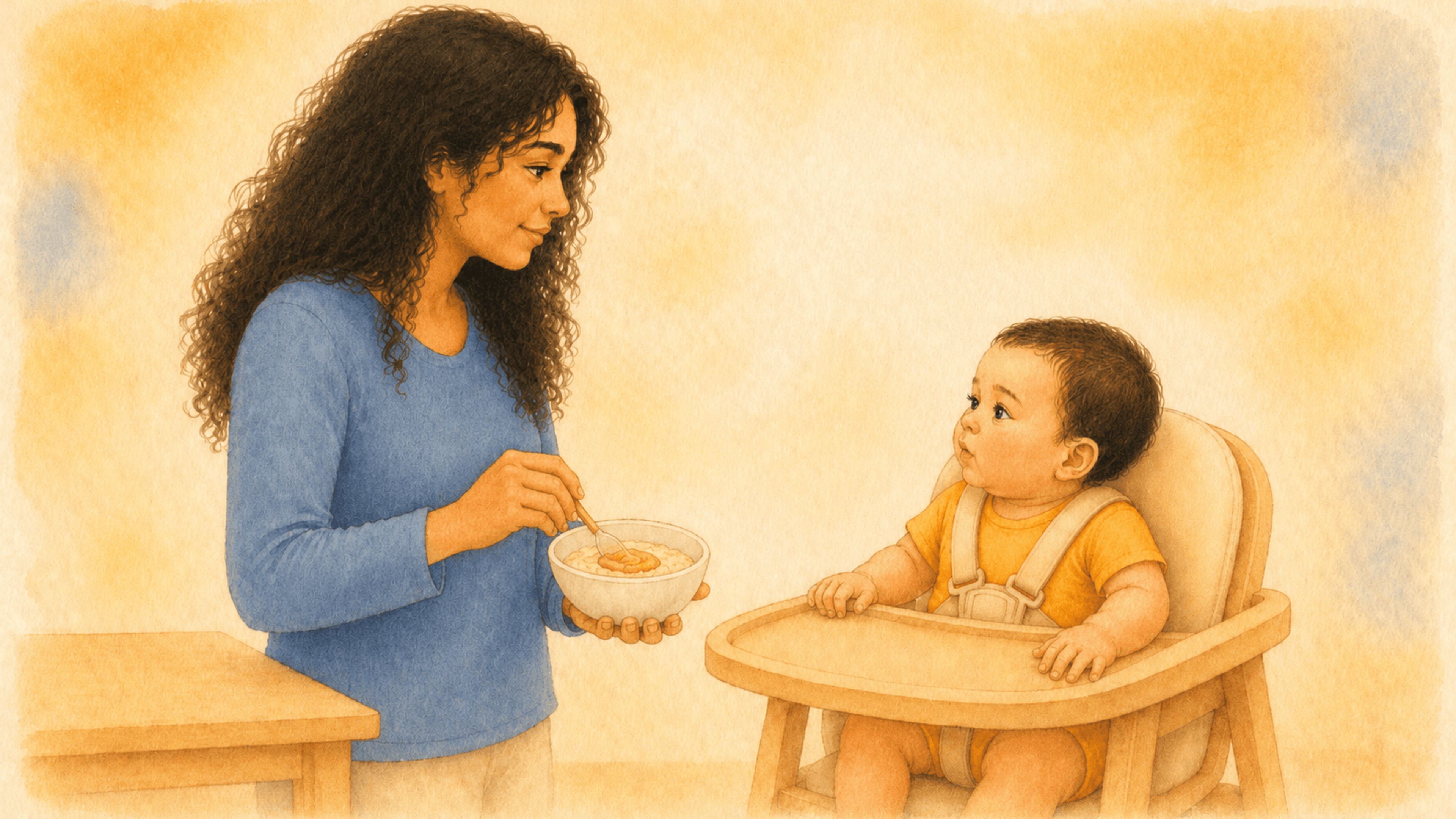 Mother stirring peanut butter into a small bowl of oatmeal at a side table while baby watches from high chair — sustained allergen exposure strategy