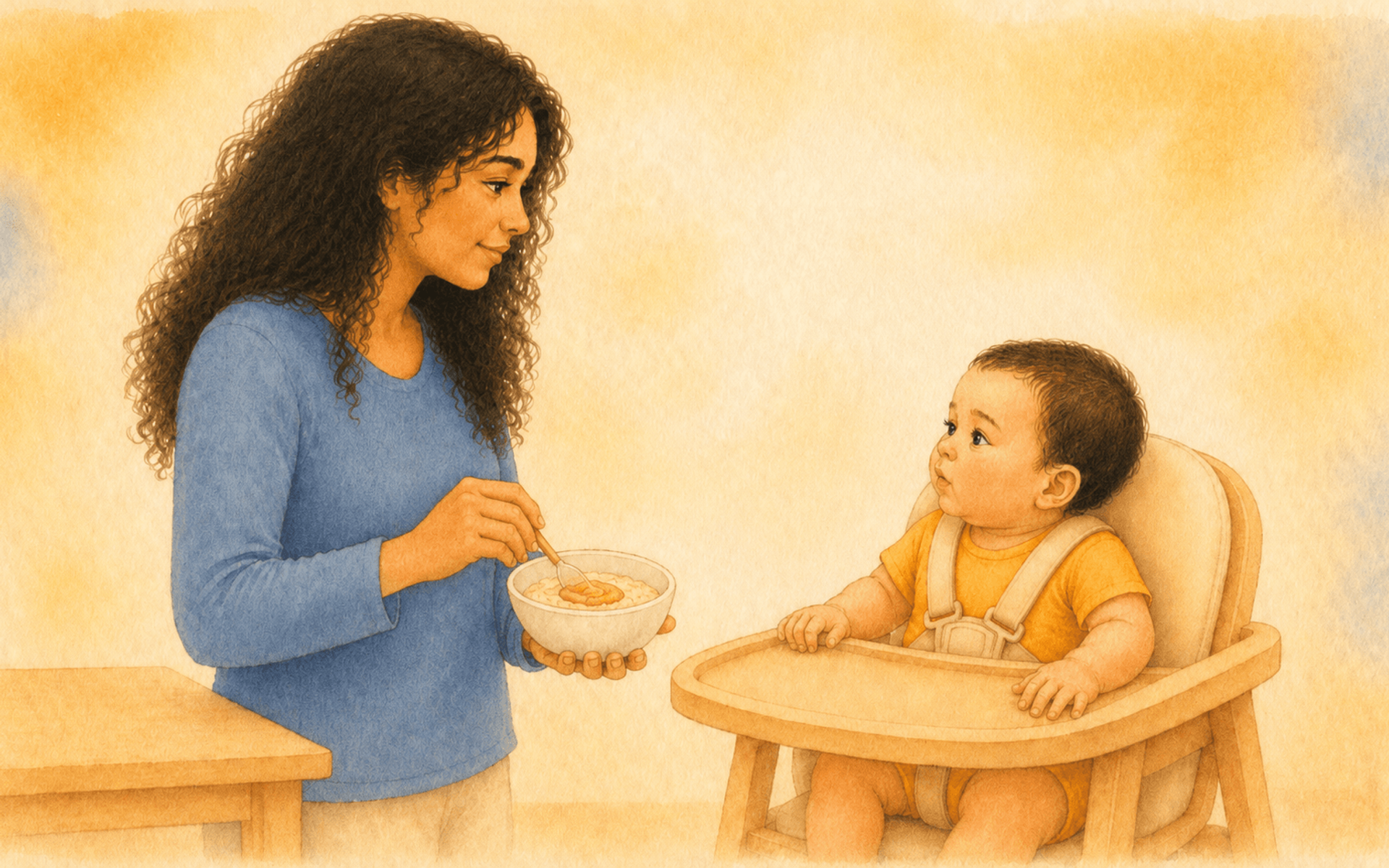 Mother stirring peanut butter into a small bowl of oatmeal at a side table while baby watches from high chair — sustained allergen exposure strategy