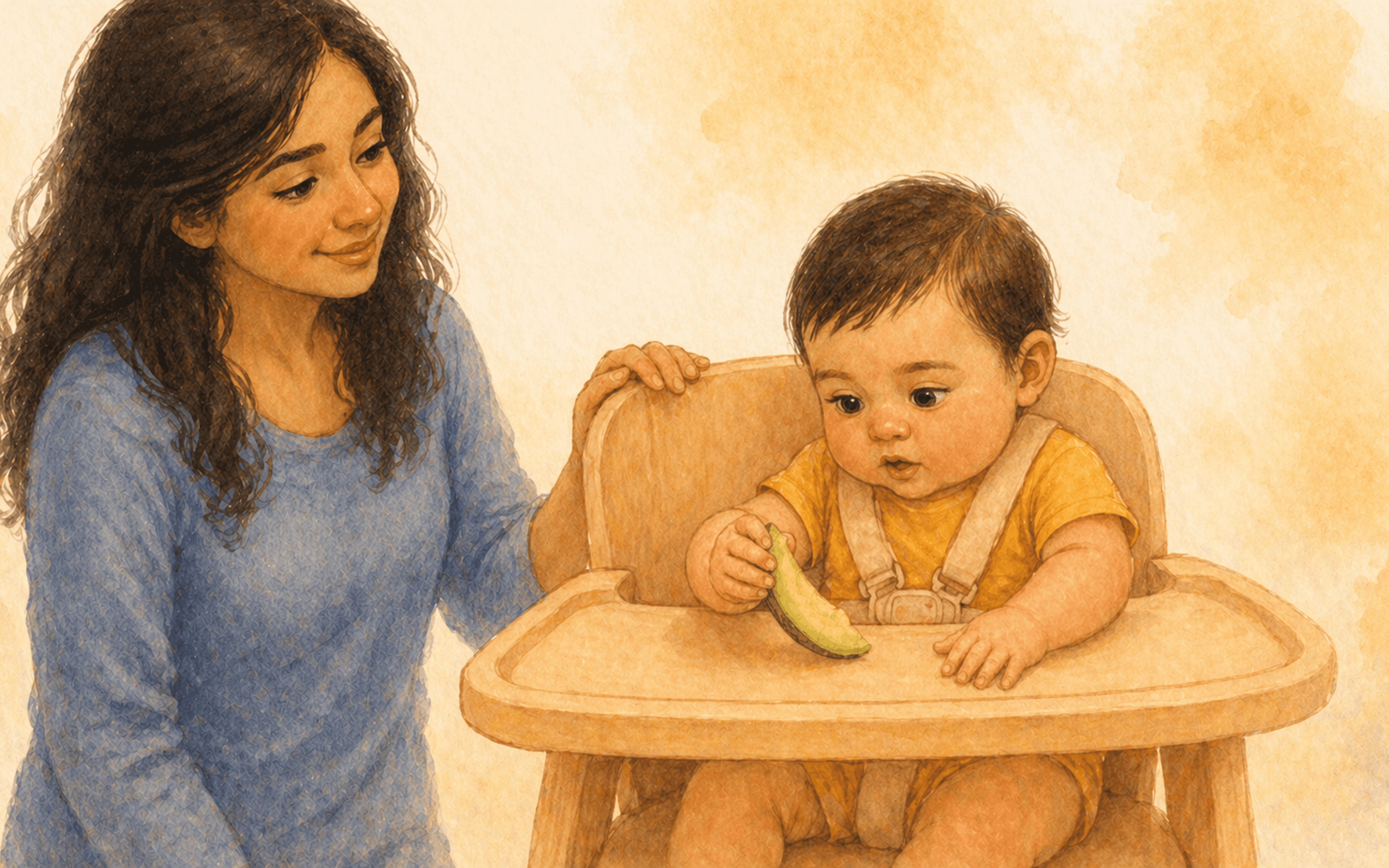 Eight-month-old baby in a high chair gripping a strip of avocado while mother watches calmly nearby — illustrating baby led weaning self-feeding with a soft first food
