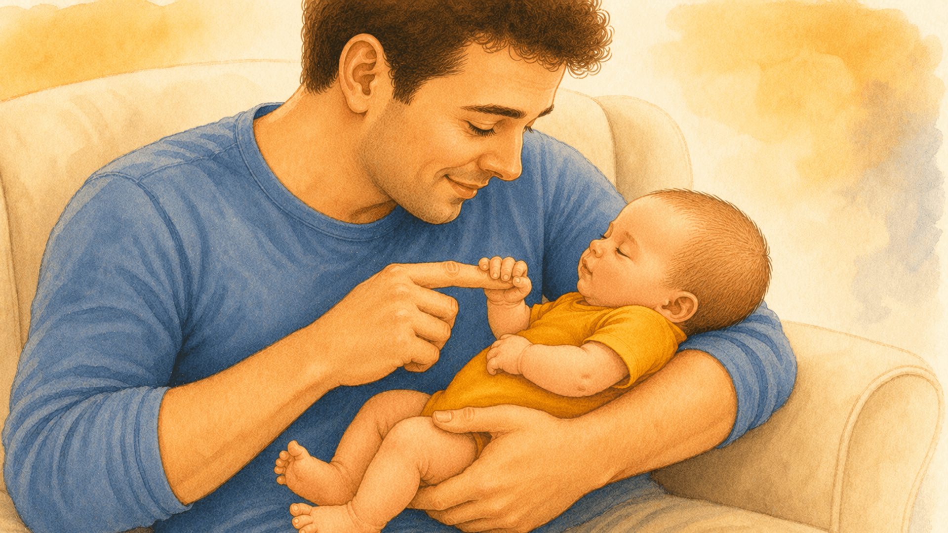 Father holding newborn baby in his arms while the baby's tiny hand grips his index finger tightly — newborn palmar grasp reflex