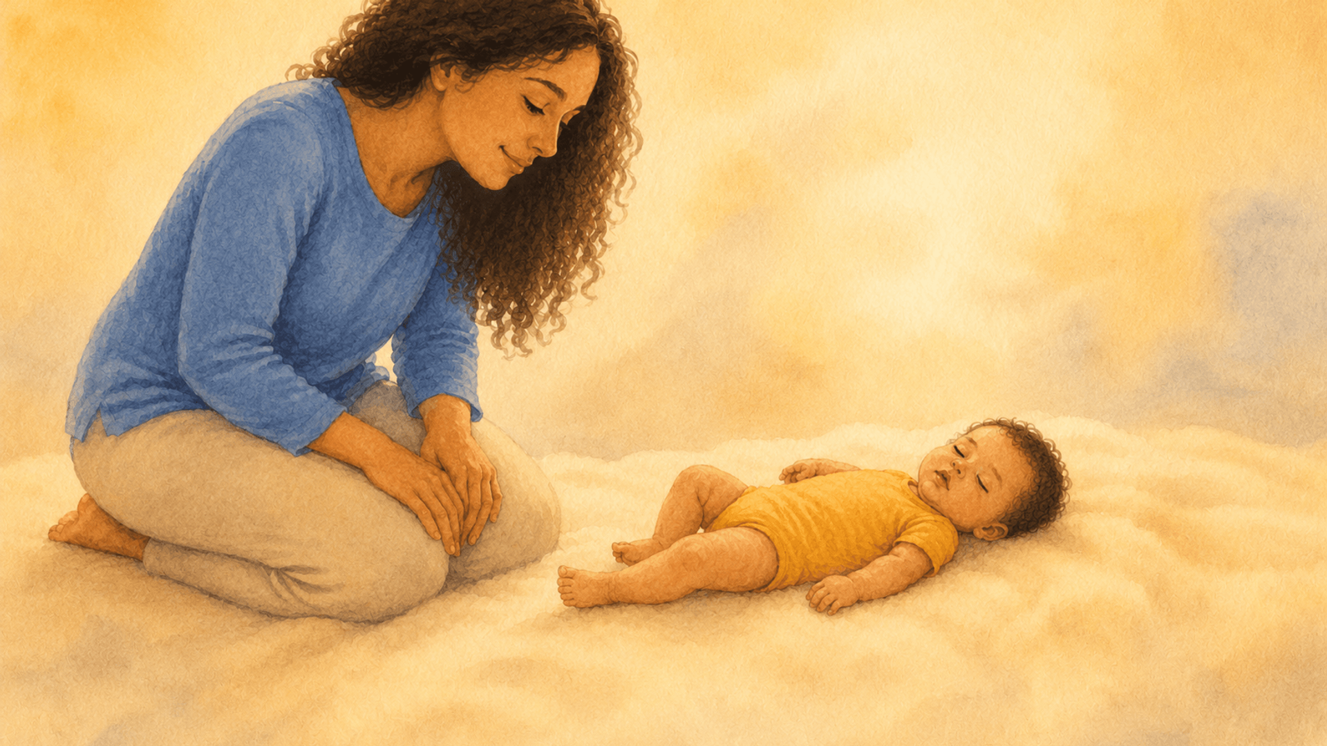 Mother watching sleeping 8-month-old baby on cream blanket, watercolor illustration
