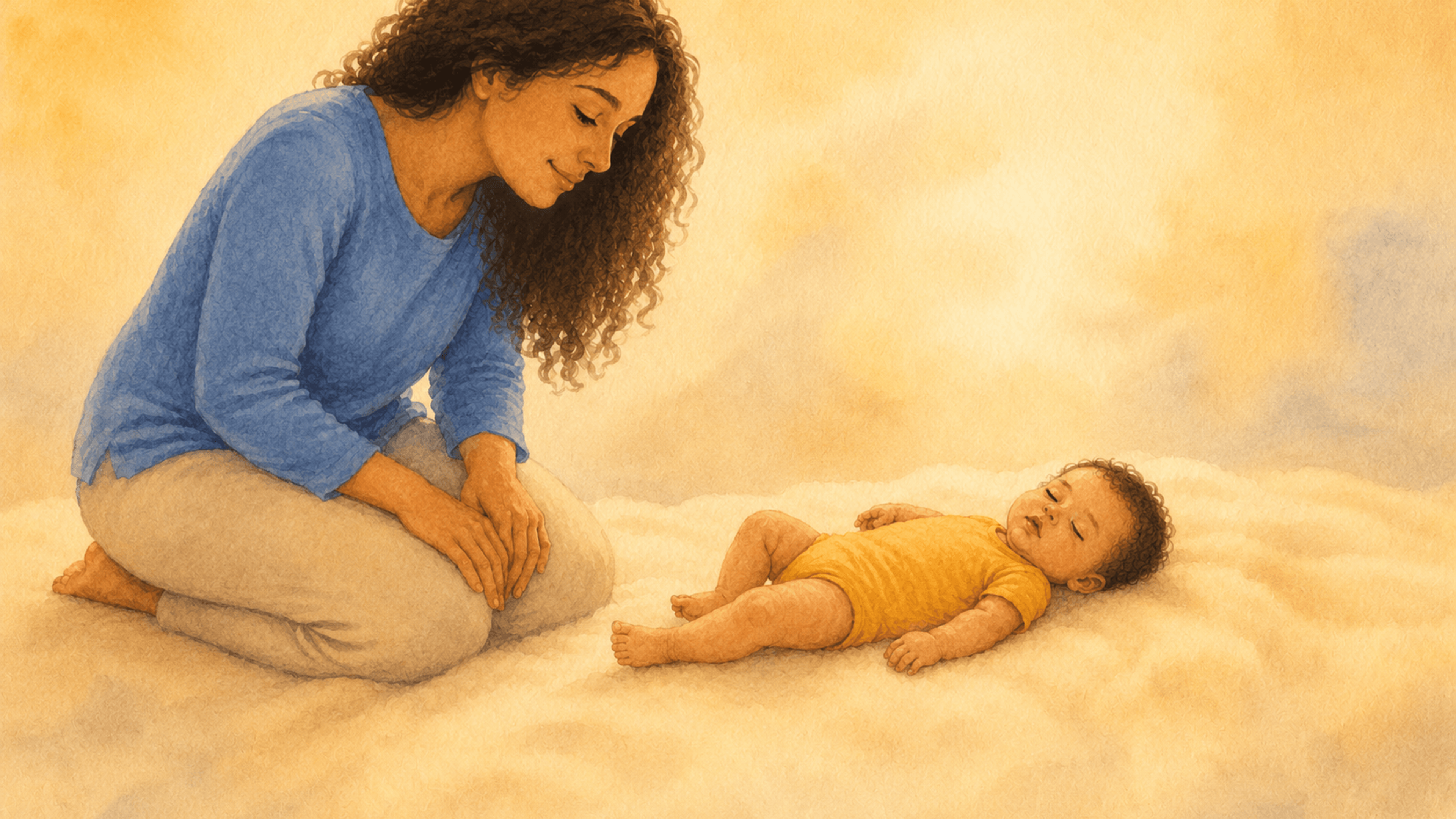 Mother watching sleeping 8-month-old baby on cream blanket, watercolor illustration