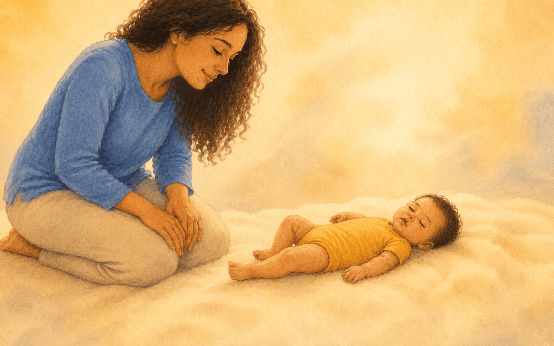 Mother watching sleeping 8-month-old baby on cream blanket, watercolor illustration