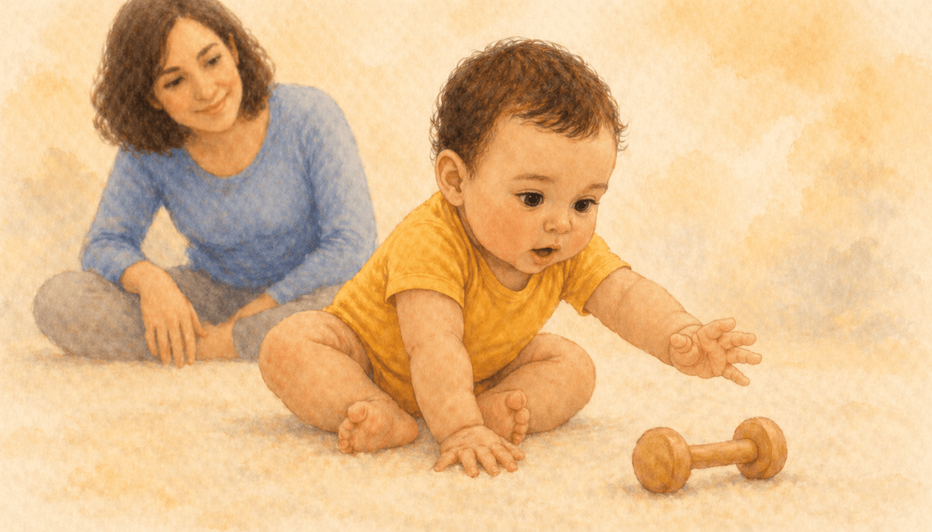 Baby with light-medium skin and dark hair sitting in tripod position on a play mat, one hand grounded for balance and the other reaching for a wooden toy — middle stage of learning to sit