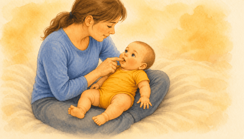 Mother gently massaging baby's lower gum with one finger as a teething relief method — baby lying on back in mother's lap looking up trustingly