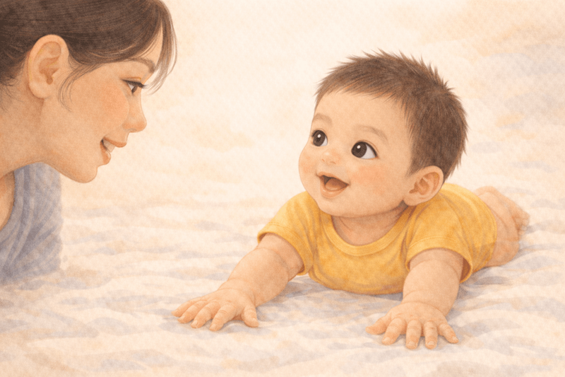 Watercolor illustration of a four-month-old baby doing a tummy time push-up, looking proudly at the viewer