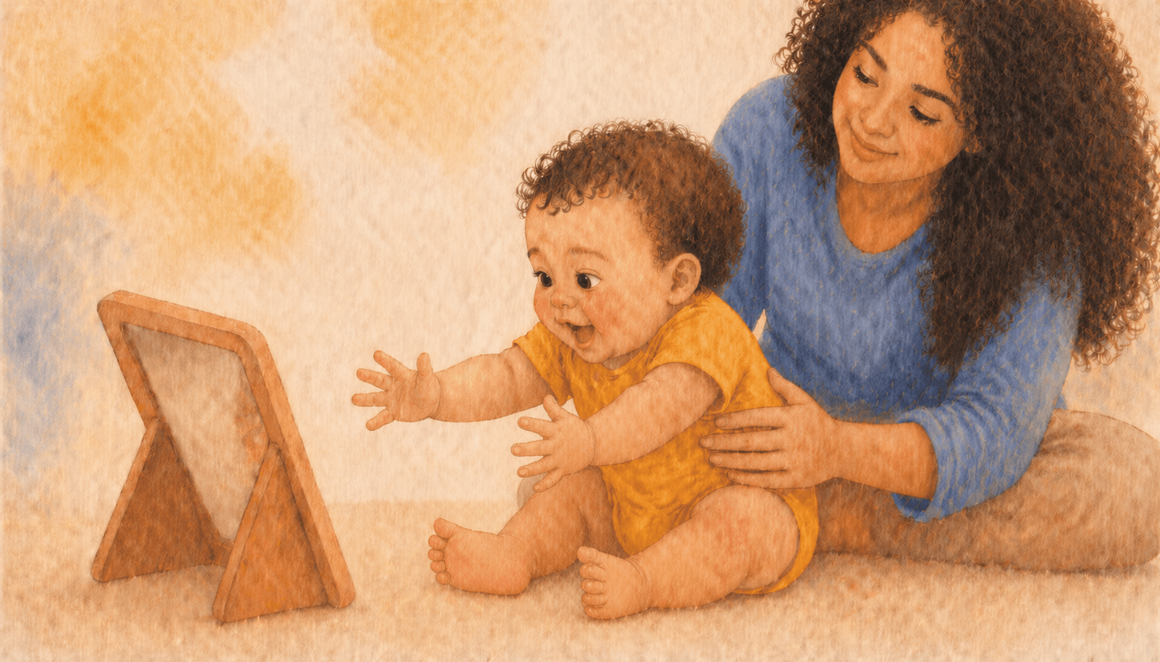 Six-month-old baby with olive skin reaching toward a small wooden-framed mirror during supported sitting — mirror play activity for self-recognition