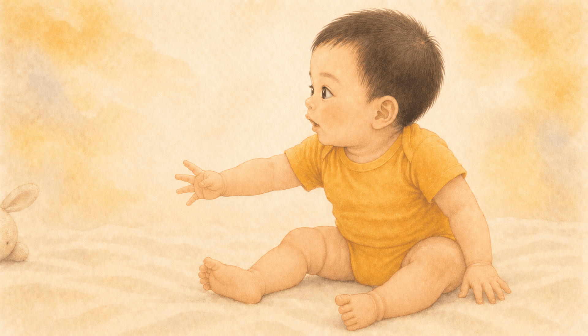 Eight-month-old baby tracking a toy that has just rolled out of reach, gaze fixed on where it disappeared — object permanence baby behavior at 8 months