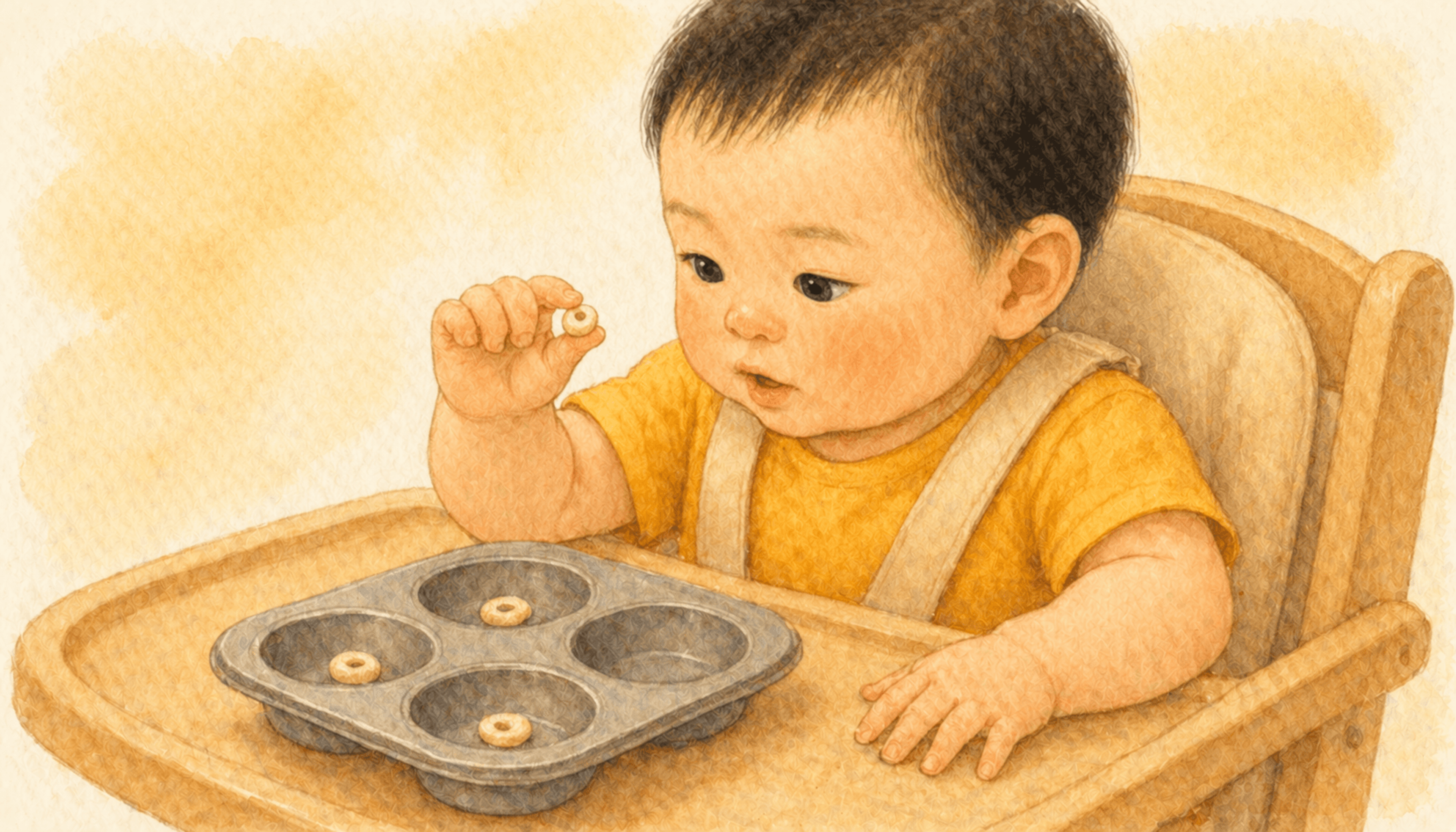 Nine-month-old baby using pincer grasp to pick up a single piece of cereal from a muffin tin in a high chair — fine motor activity for 9 month old development
