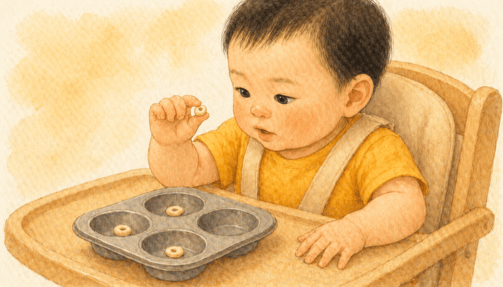 Nine-month-old baby using pincer grasp to pick up a single piece of cereal from a muffin tin in a high chair — fine motor activity for 9 month old development